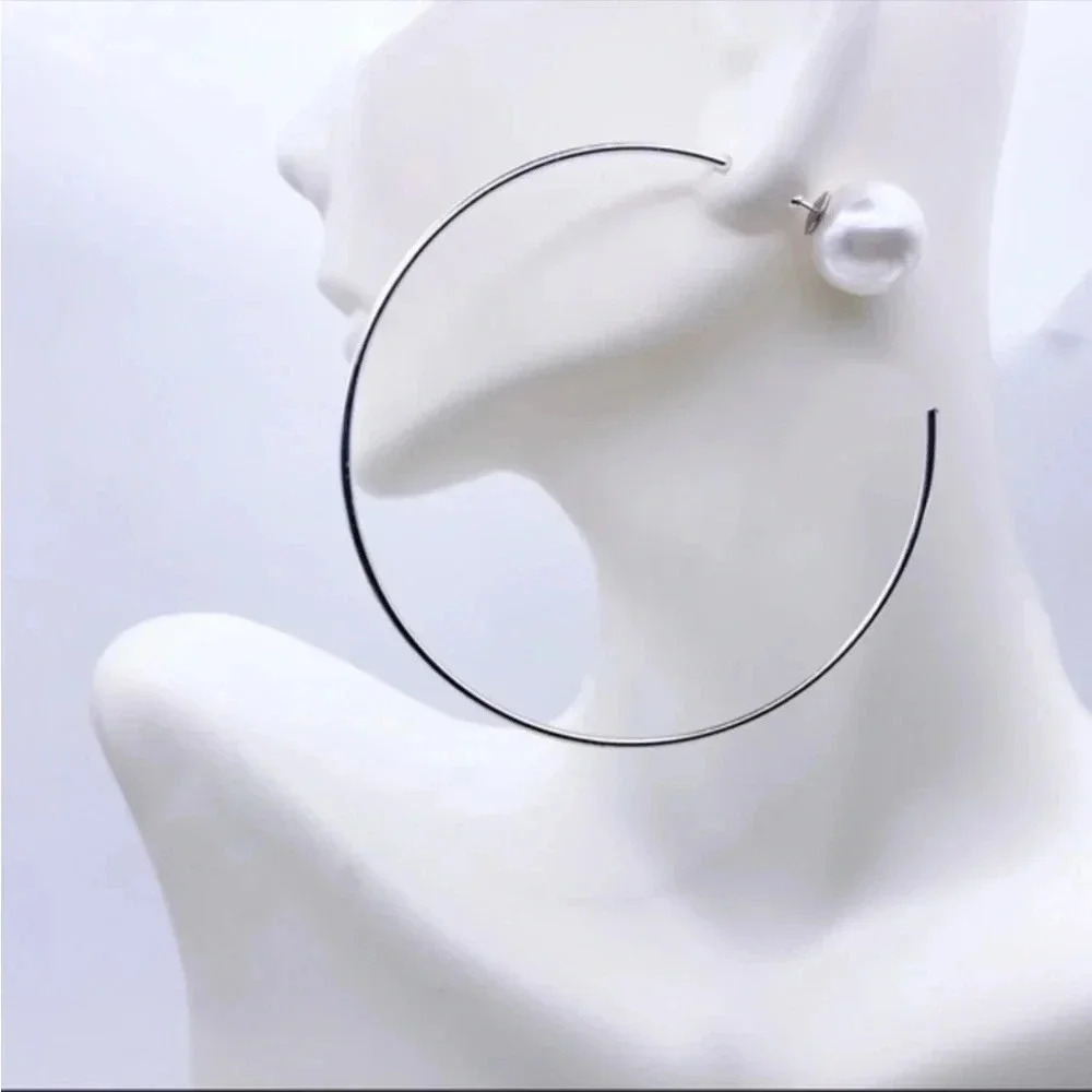 RARE Elegant Silver Hoop Earrings WHITE PEARL THIN jumbo large xl statement chic